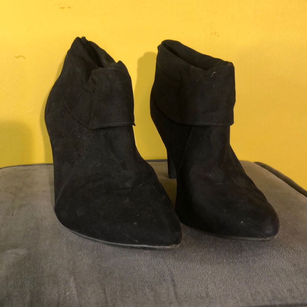 Black suede bootie heels
